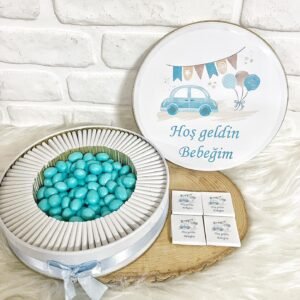 100 Adet+200 Gr Drajeli Hoşgeldin Bebeğim Erkek Bebek Mavi Araba Temalı Kutulu Hediyelik  Madlen Çikolata