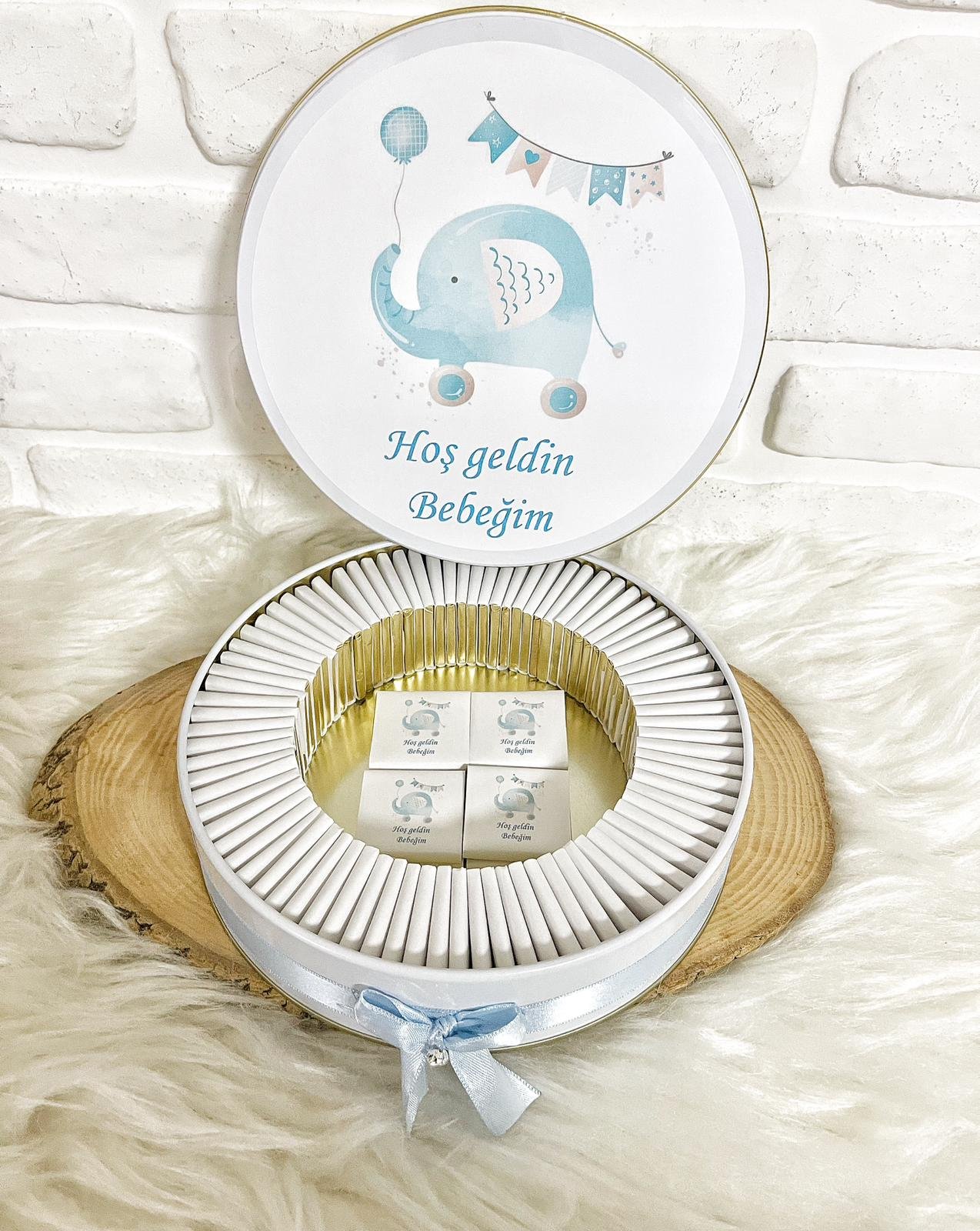 50 Adet Hoşgeldin Bebeğim Erkek Bebek Mavi Fil Temalı Kutulu Hediyelik Madlen Çikolata - Görsel 5