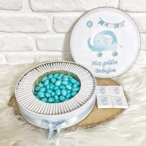 50 Adet+200 Gr Drajeli Hoşgeldin Bebeğim Erkek Bebek Mavi Fil Temalı Kutulu Hediyelik  Madlen Çikolata