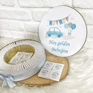 100 Adet Hoşgeldin Bebeğim Erkek Bebek Mavi Araba Temalı Kutulu Hediyelik  Madlen Çikolata