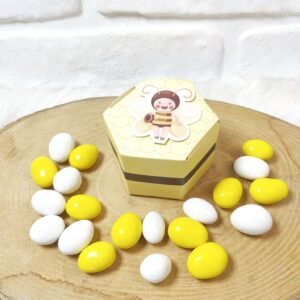 3 Boyutlu Özel Kutuda Arı Bal Peteği Temalı Sarı-Beyaz Drajeli Doğum-Doğumgünü Hediyeliği