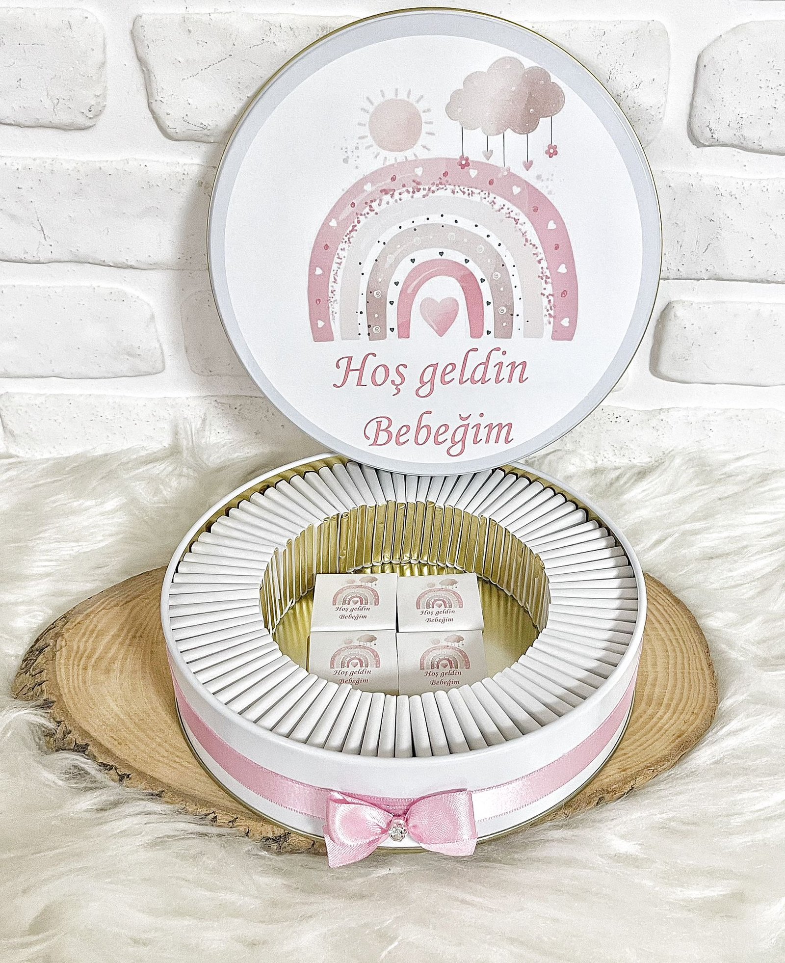 50 Adet Hoşgeldin Bebeğim Kız Bebek Pembe Gökkuşağı Temalı Kutulu Hediyelik Madlen Çikolata - Görsel 3