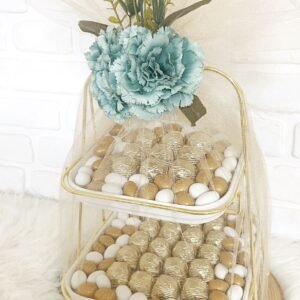 Tüllü Süslenmiş Mint Yeşili Çiçekli 2 Katlı Sunumlukta Nişan-Kız İsteme-Söz Çikolatası