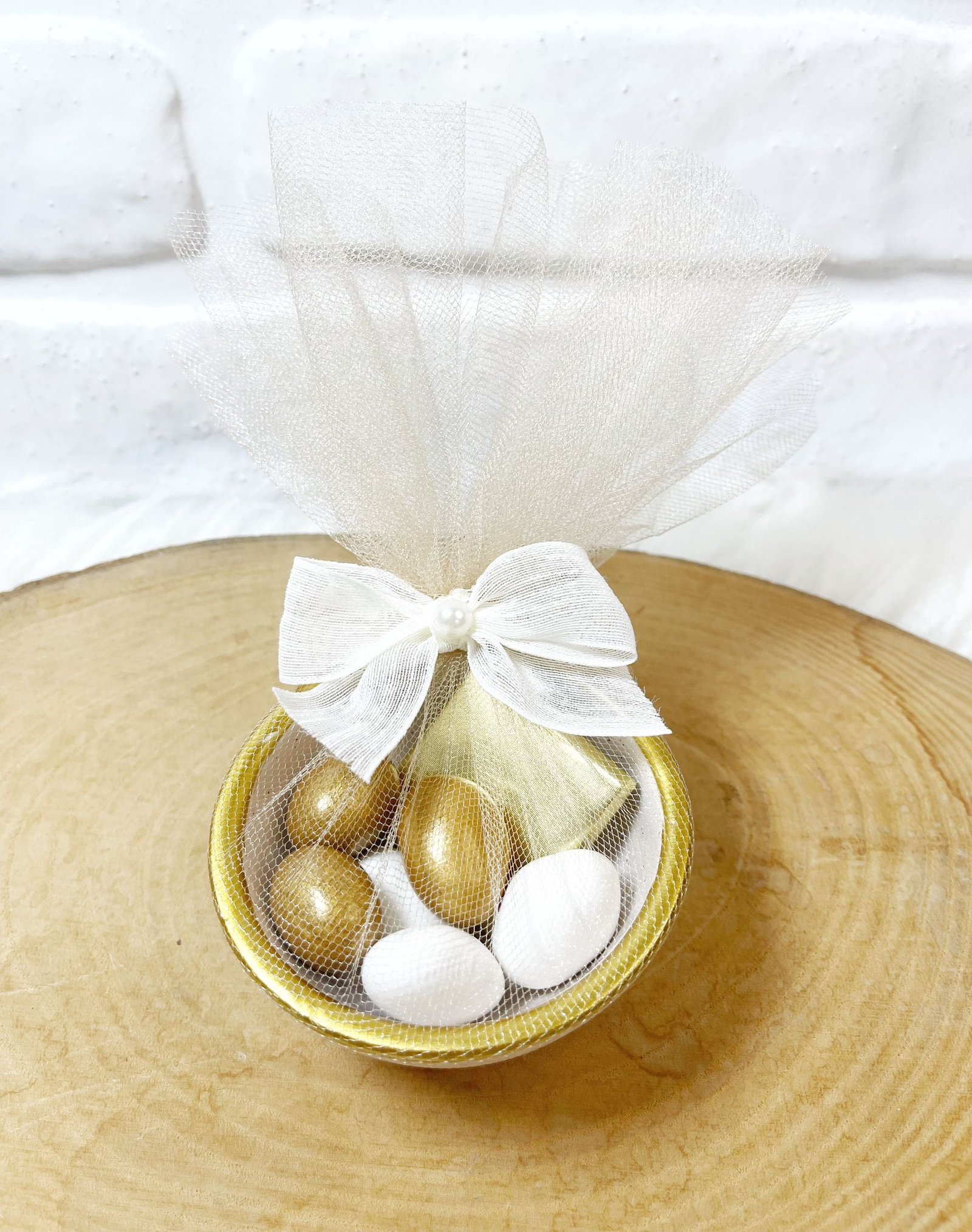 Tüllü Süslenmiş Seramik Kasede Draje ve Madlen Nişan-Nikah-Düğün Hediyeliği-Krem Rengi- - Görsel 2