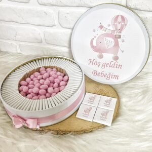50 Adet+200 Gr Drajeli Hoşgeldin Bebeğim Kız Bebek Pembe Fil Temalı Kutulu Hediyelik  Madlen Çikolata