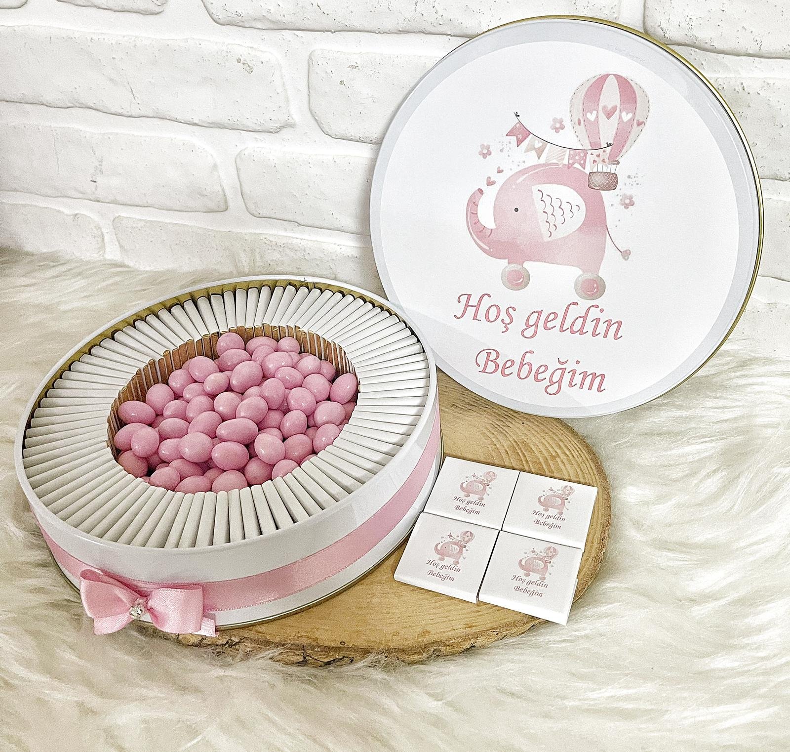 100 Adet+200 Gr Drajeli Hoşgeldin Bebeğim Kız Bebek Pembe Fil Temalı Kutulu Hediyelik Madlen Çikolata - Görsel 4