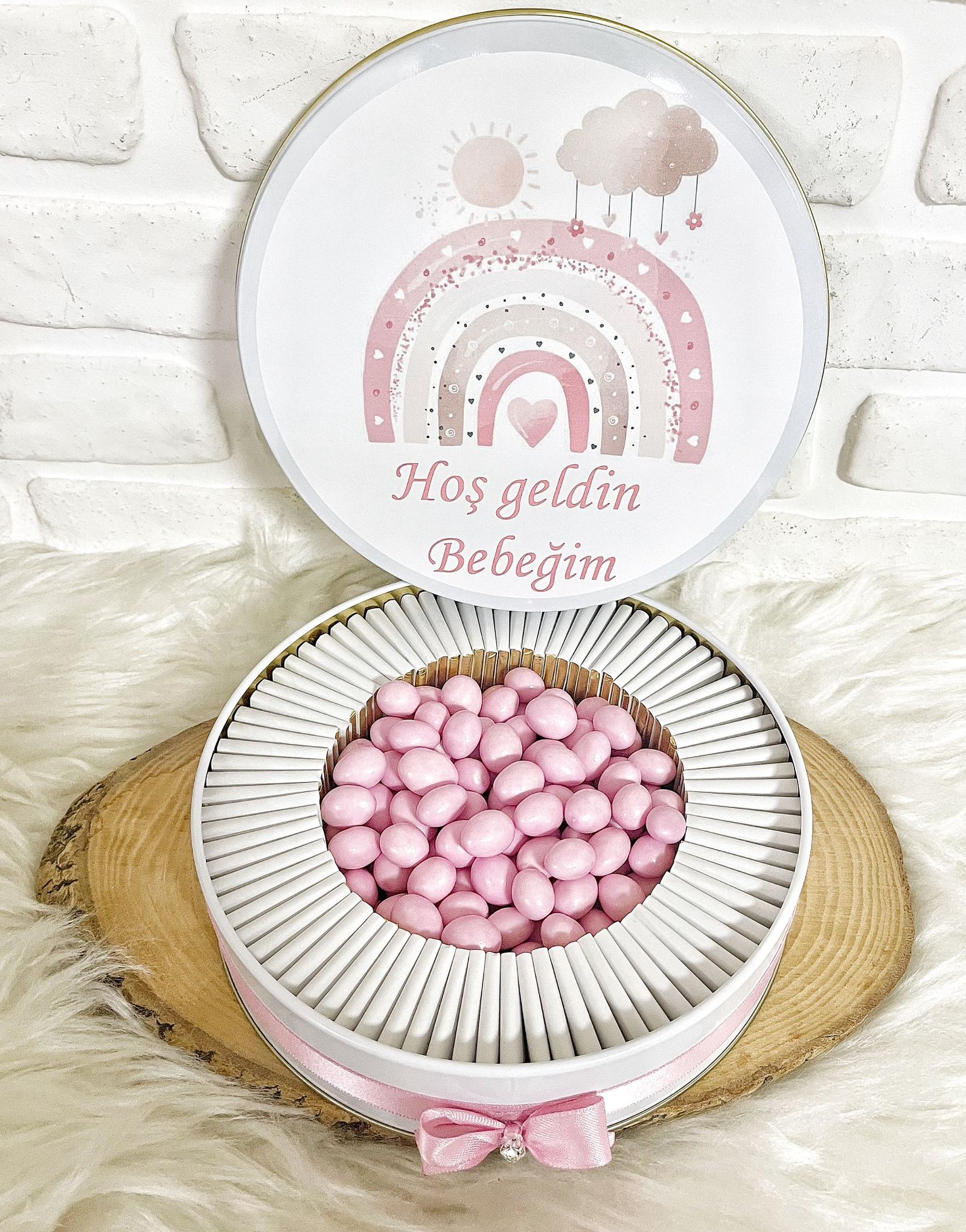 100 Adet+200 Gr Drajeli Hoşgeldin Bebeğim Kız Bebek Pembe Gökkuşağı Temalı Kutulu Hediyelik Madlen Çikolata - Görsel 5