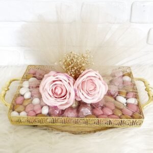 Tüllü Süslenmiş Pembe Güllü Aynalı Tepside Nişan-Kız İsteme-Söz Çikolatası