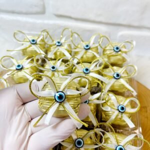 Nazar Boncuklu Çift Kurdeleli Papatya Model Çikolata (Gold)