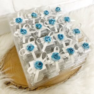 Beyaz Kurdeleli Mavi Gül Dekorlu Gümüş Oluklu Kalın Madlen Çikolata