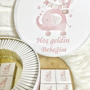 100 Adet Hoşgeldin Bebeğim Kız Bebek Pembe Fil Temalı  Kutulu Hediyelik Madlen Çikolata
