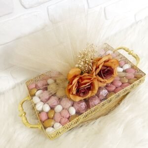 Tüllü Süslenmiş Gold Güllü Aynalı Tepside Nişan-Kız İsteme-Söz Çikolatası