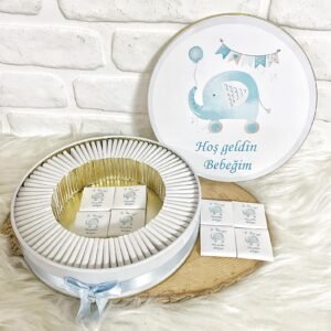 50 Adet Hoşgeldin Bebeğim Erkek Bebek Mavi Fil Temalı Kutulu Hediyelik Madlen Çikolata