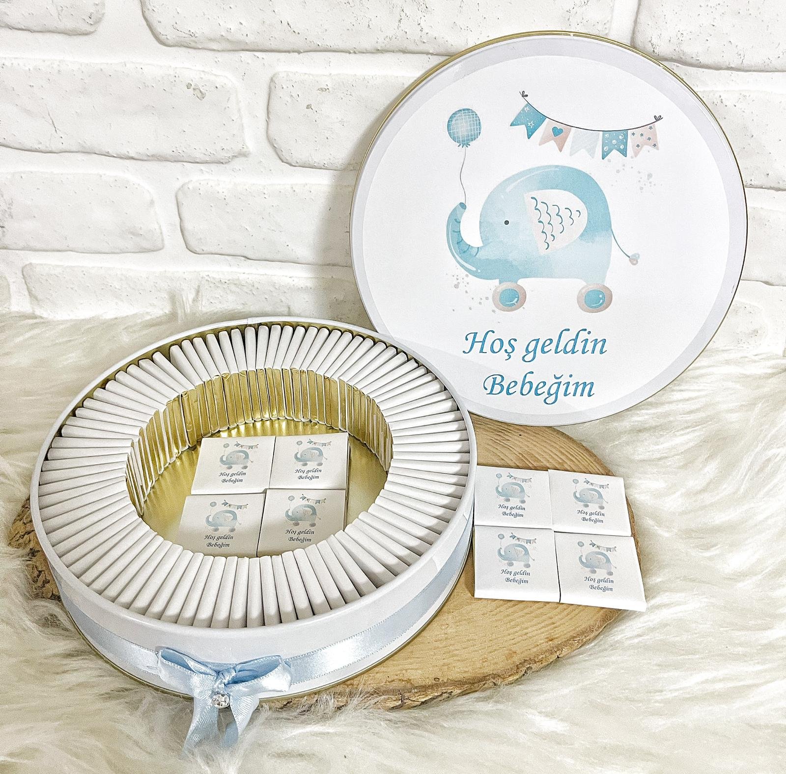 50 Adet Hoşgeldin Bebeğim Erkek Bebek Mavi Fil Temalı Kutulu Hediyelik Madlen Çikolata