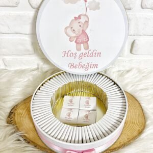50 Adet Hoşgeldin Bebeğim Kız Bebek Pembe Balon Tutan Fil Temalı Kutulu Hediyelik Madlen Çikolata