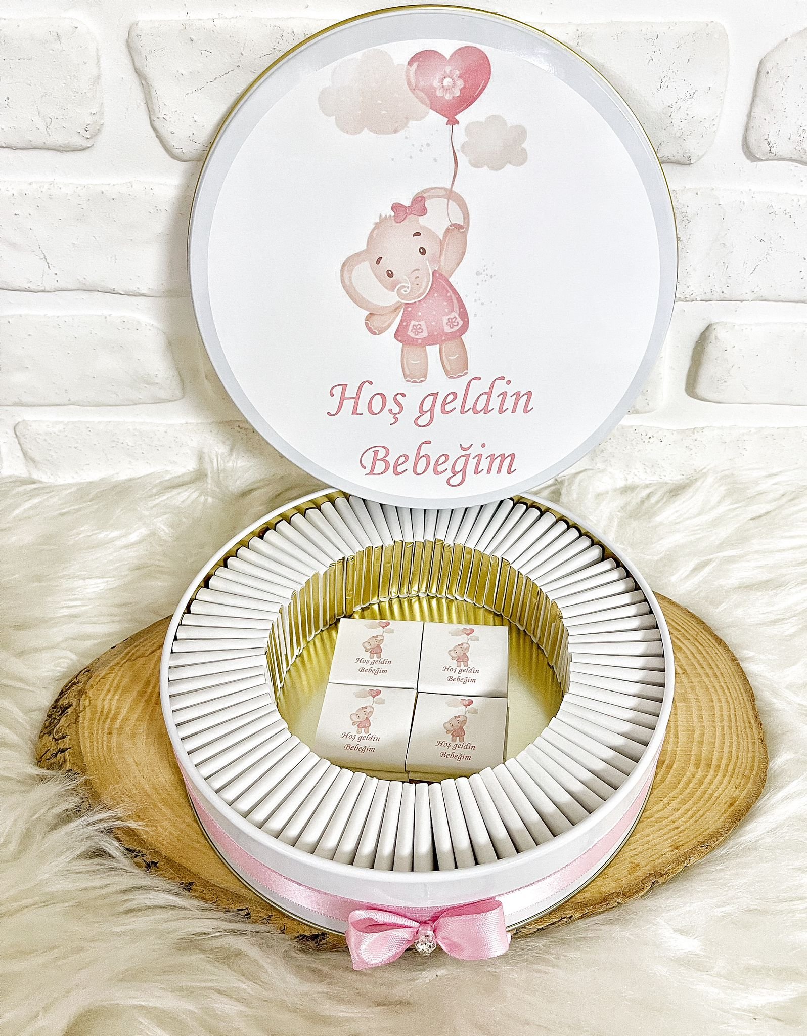 50 Adet Hoşgeldin Bebeğim Kız Bebek Pembe Balon Tutan Fil Temalı Kutulu Hediyelik Madlen Çikolata - Görsel 2