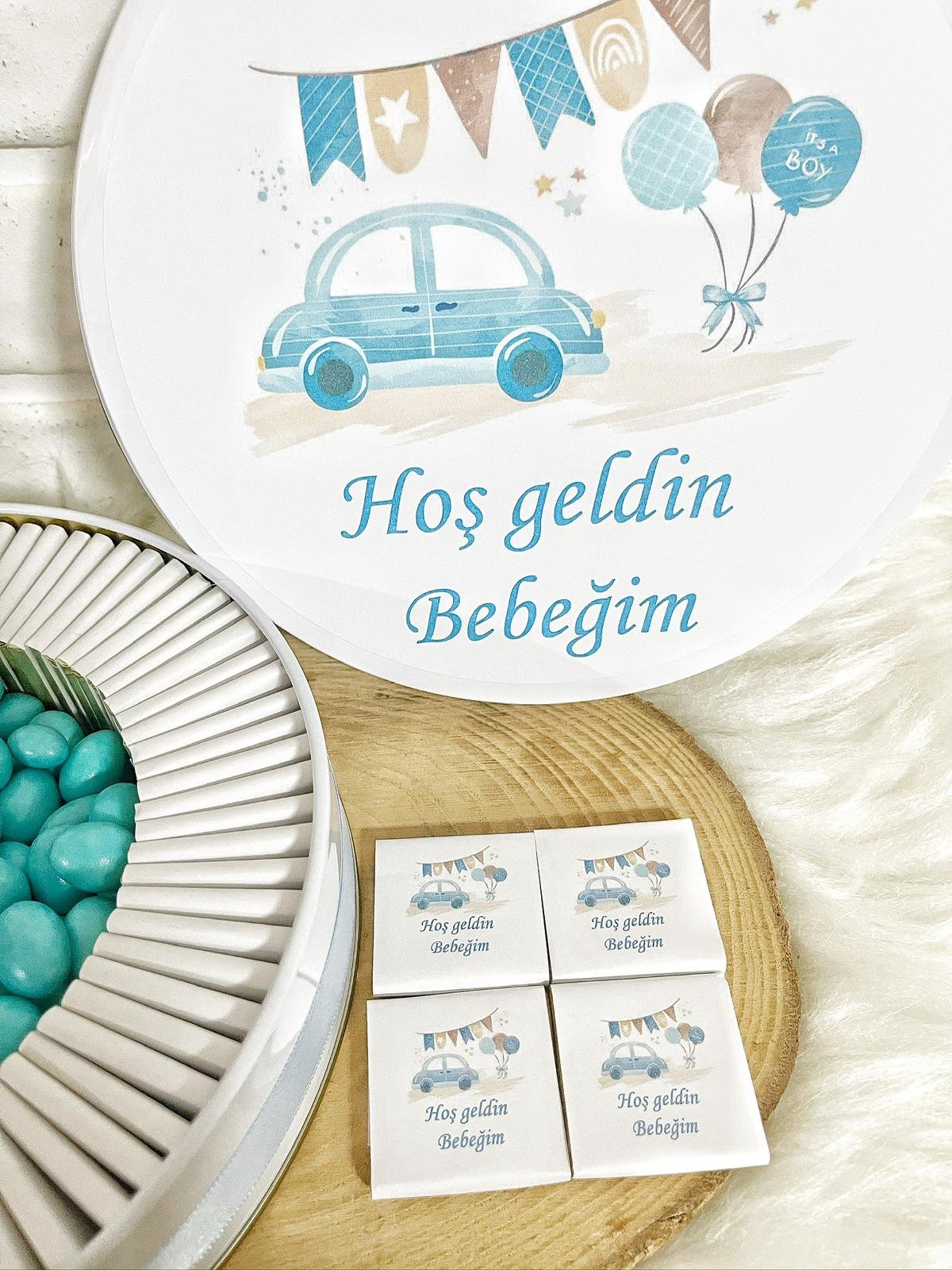 50 Adet+200 Gr Drajeli Hoşgeldin Bebeğim Erkek Bebek Mavi Araba Temalı Kutulu Hediyelik Madlen Çikolata - Görsel 3