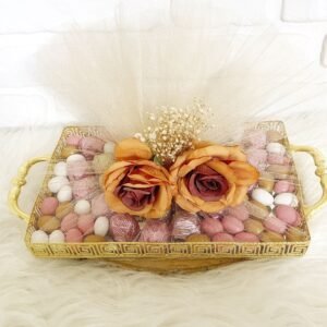 Tüllü Süslenmiş Gold Güllü Aynalı Tepside Nişan-Kız İsteme-Söz Çikolatası