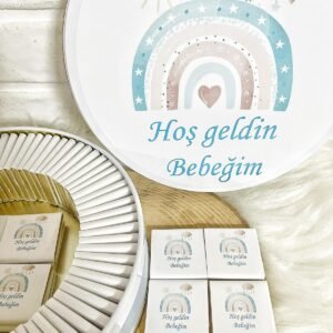 100 Adet Hoşgeldin Bebeğim Erkek Bebek Mavi Gökkuşağı Temalı Kutulu Hediyelik  Madlen Çikolata
