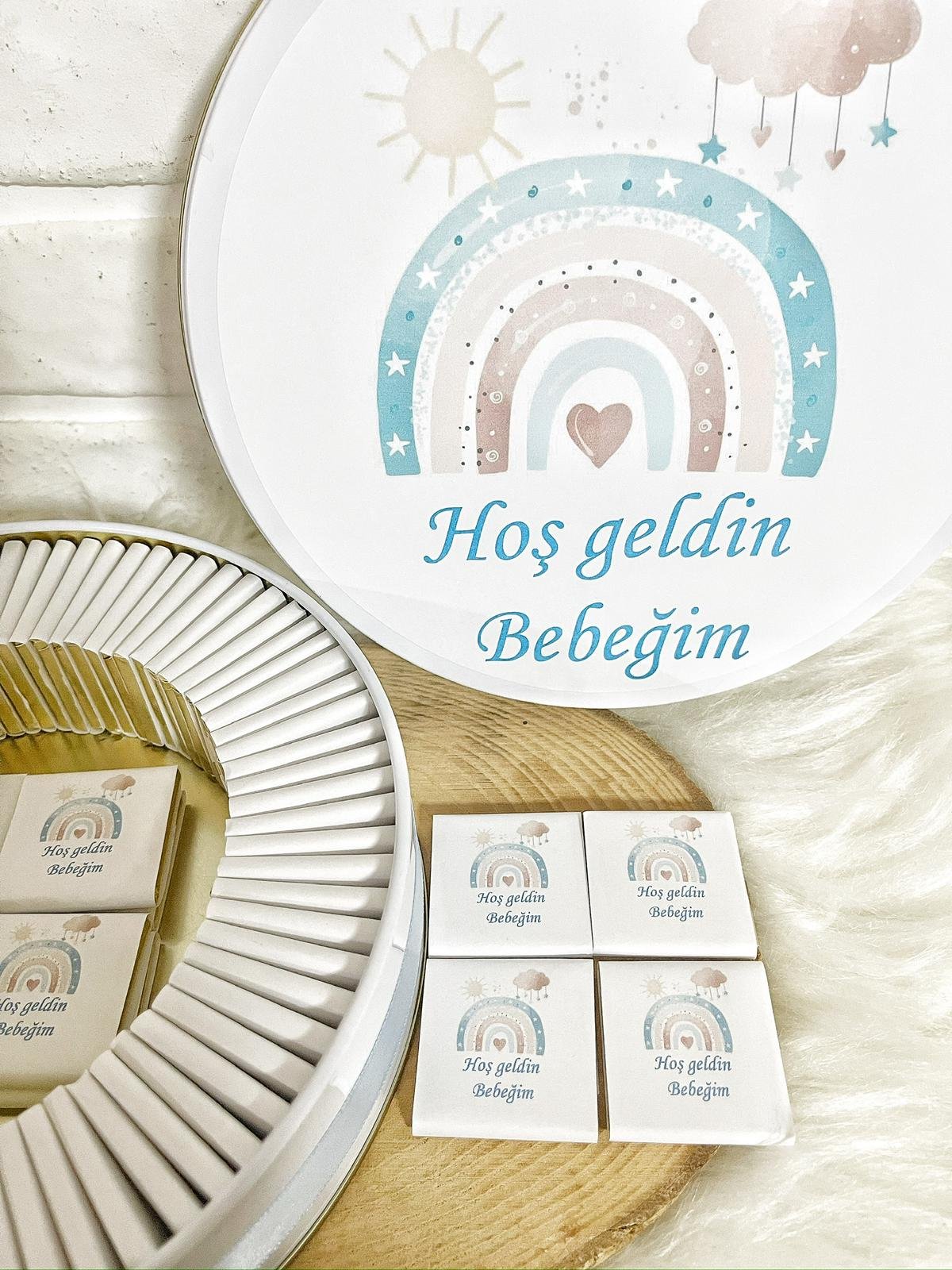 50 Adet Hoşgeldin Bebeğim Erkek Bebek Mavi Gökkuşağı Temalı Kutulu Hediyelik Madlen Çikolata - Görsel 7