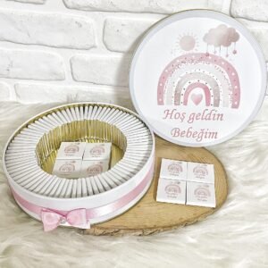 100 Adet Hoşgeldin Bebeğim Kız Bebek Pembe Gökkuşağı Temalı  Kutulu Hediyelik Madlen Çikolata