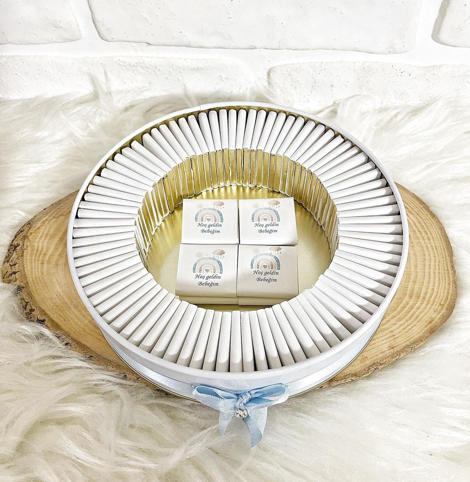 50 Adet Hoşgeldin Bebeğim Erkek Bebek Mavi Gökkuşağı Temalı Kutulu Hediyelik Madlen Çikolata - Görsel 5