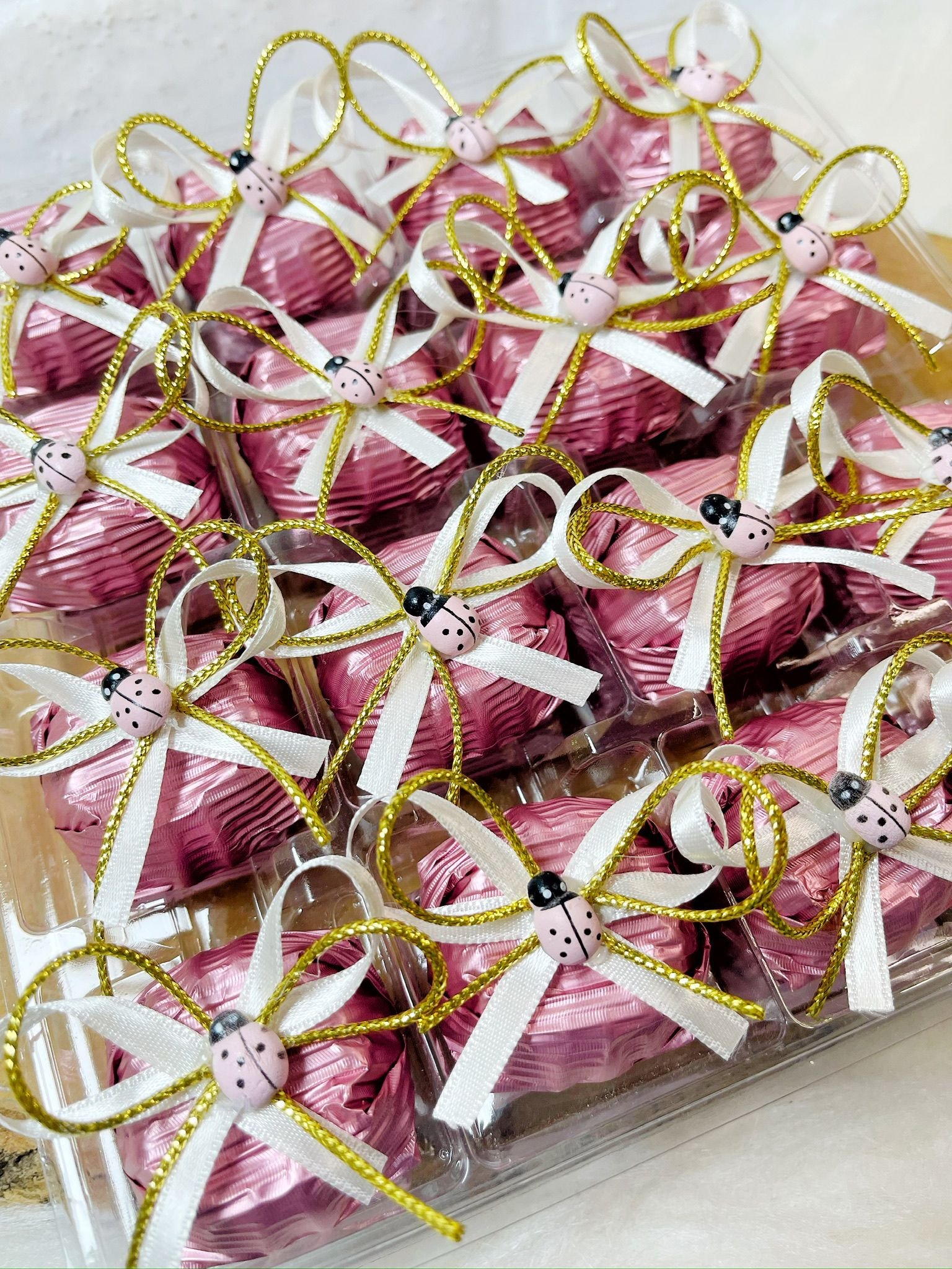 Pembe Uğur Böcekli Çift Kurdeleli Papatya Model Çikolata (Pembe) - Görsel 3