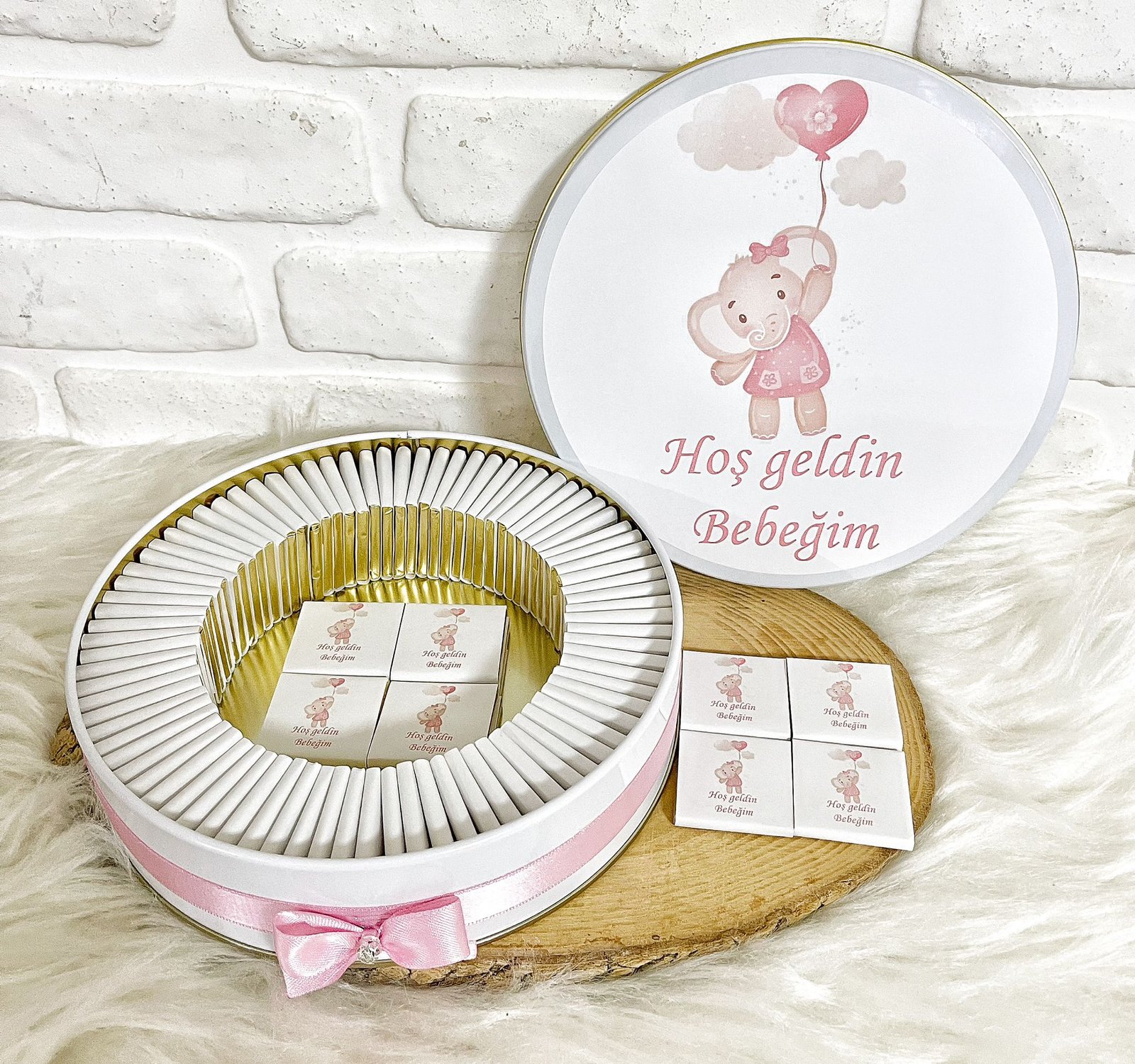 50 Adet Hoşgeldin Bebeğim Kız Bebek Pembe Balon Tutan Fil Temalı Kutulu Hediyelik Madlen Çikolata