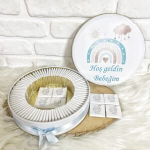 50 Adet Hoşgeldin Bebeğim Erkek Bebek Mavi Gökkuşağı Temalı Kutulu Hediyelik Madlen Çikolata