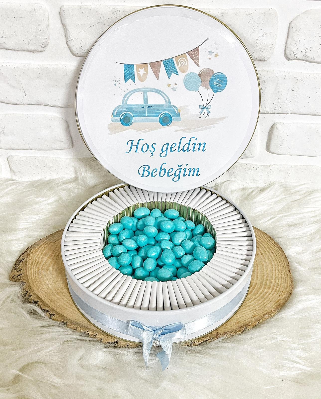 50 Adet+200 Gr Drajeli Hoşgeldin Bebeğim Erkek Bebek Mavi Araba Temalı Kutulu Hediyelik Madlen Çikolata - Görsel 6