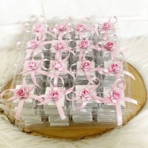 Pembe Kurdeleli Pembe Gül Dekorlu Gümüş Oluklu Kalın Madlen Çikolata