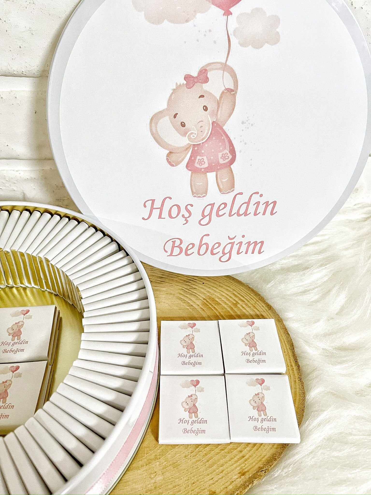 50 Adet Hoşgeldin Bebeğim Kız Bebek Pembe Balon Tutan Fil Temalı Kutulu Hediyelik Madlen Çikolata - Görsel 7