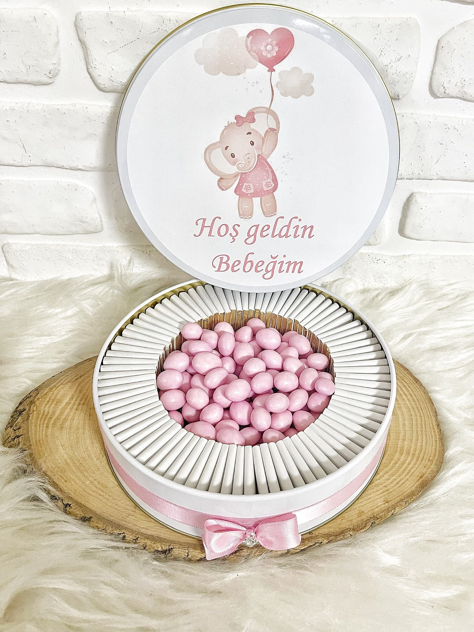 100 Adet+200 Gr Drajeli Hoşgeldin Bebeğim Kız Bebek Pembe Balon Tutan Fil Temalı Kutulu Hediyelik Madlen Çikolata - Görsel 4