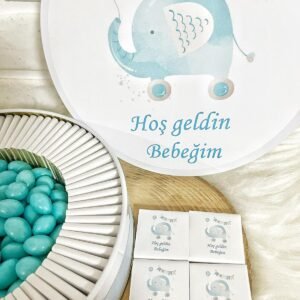 100 Adet+200 Gr Drajeli Hoşgeldin Bebeğim Erkek Bebek Mavi Fil Temalı Kutulu Hediyelik  Madlen Çikolata